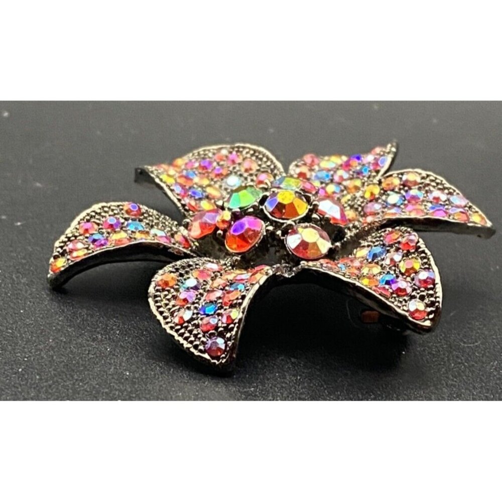 Sparkling Vintage Brooch Japanned Flower Pin AB Red Rhinestones Boho - Picture 4 of 8